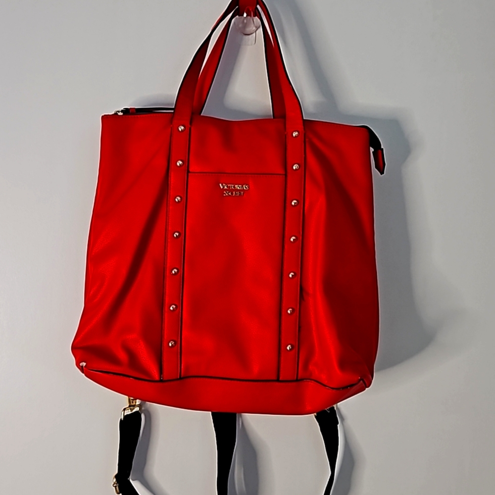 Victoria's Secret Red Faux Leather Shoulder Bag Convertible Backpack Tote Zipp